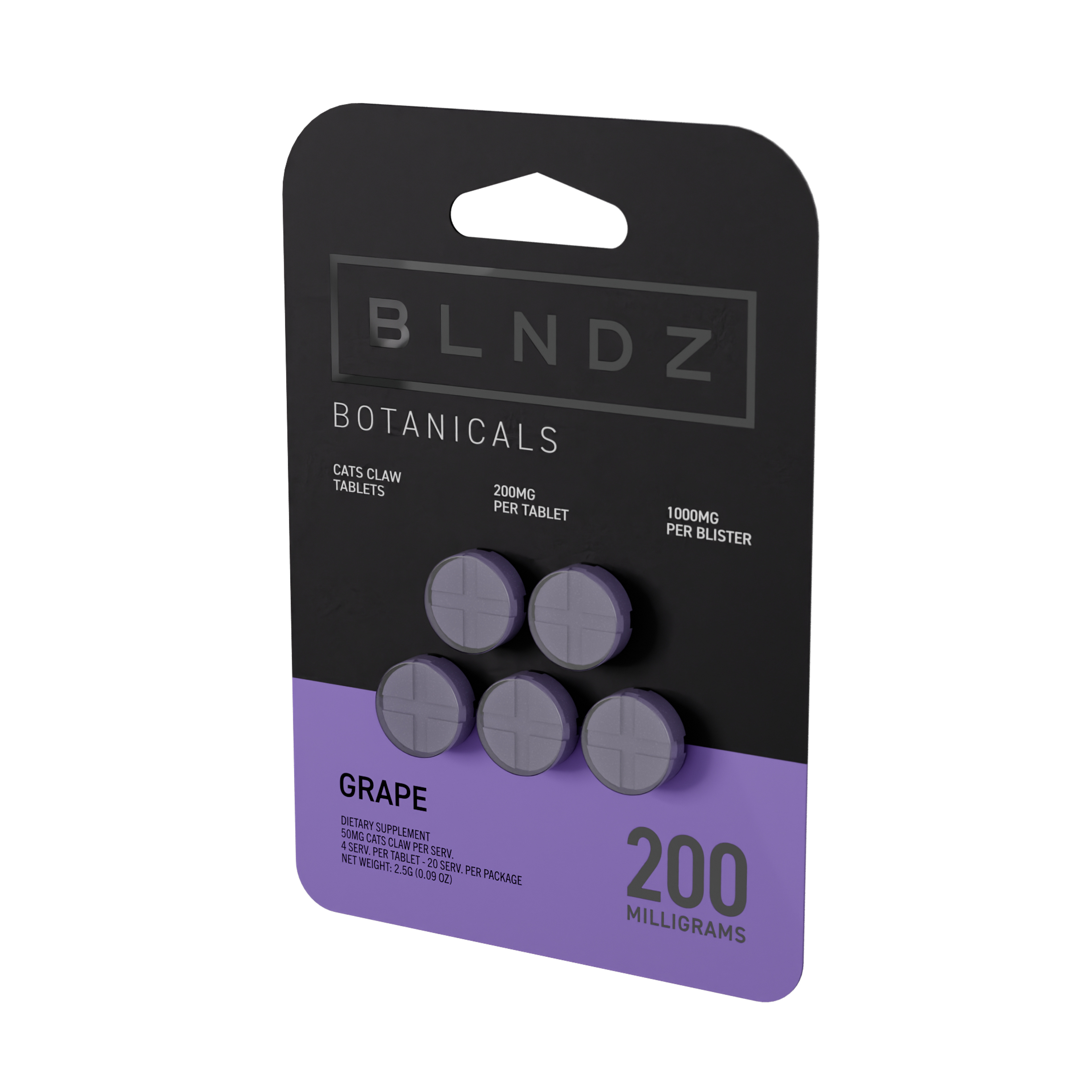 BLNDZ Botanicals 200MG Cats Claw Blister — Grape IDV 3-4 Angled Front View (Right)