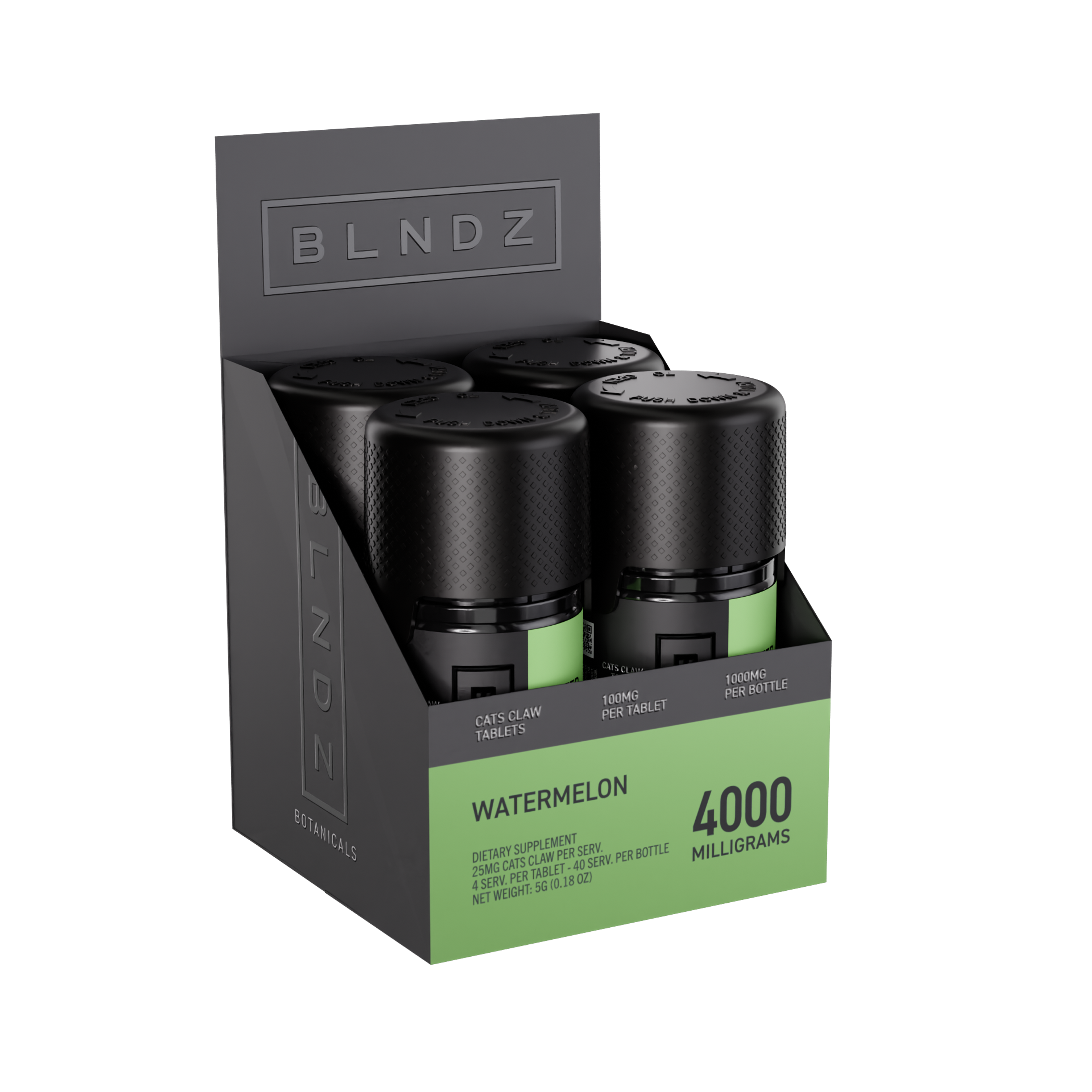 BLNDZ Botanicals 100MG Cats Claw Pill Bottle — Watermelon CDU-2 3-4 Angled Front View (Left)