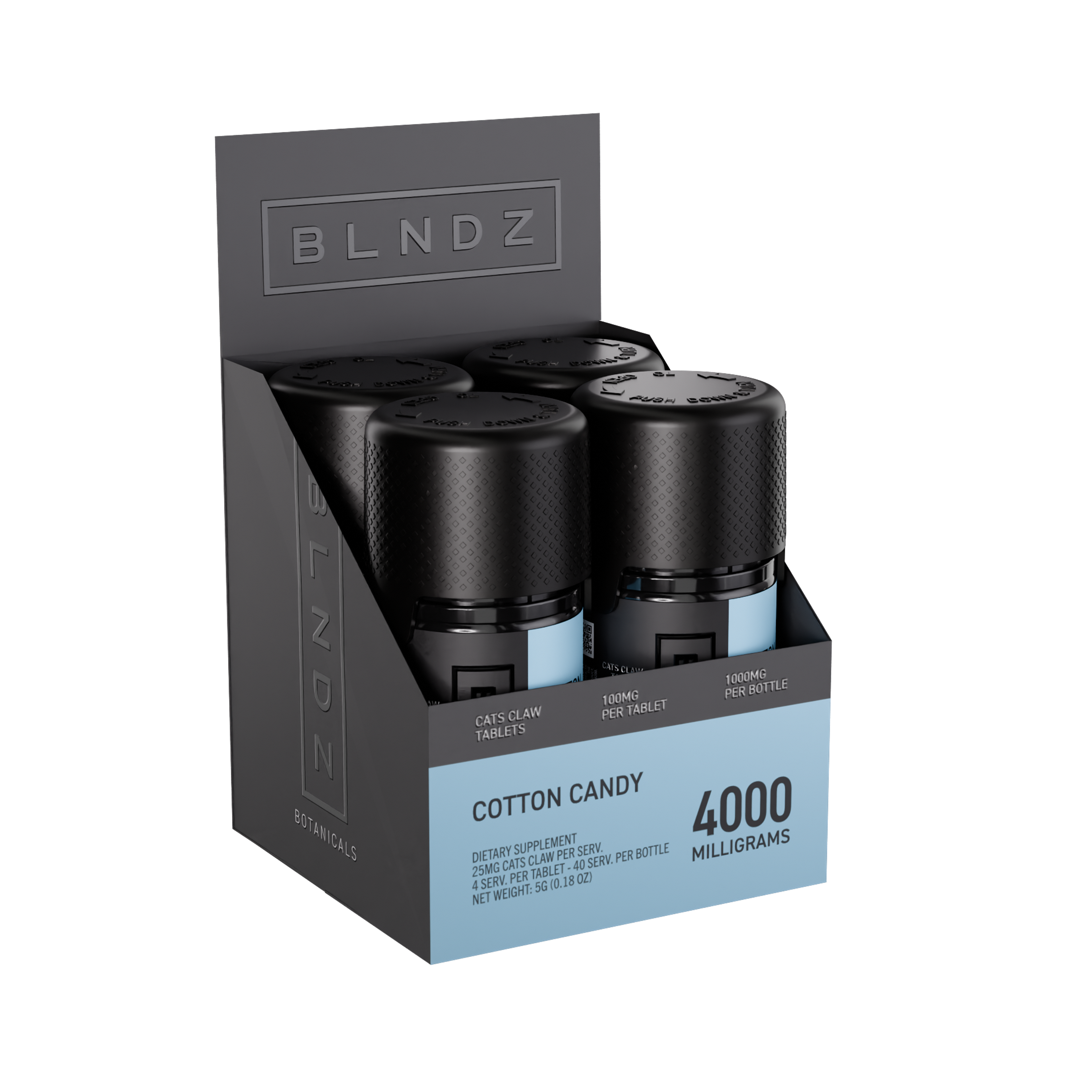 BLNDZ Botanicals 100MG Cats Claw Pill Bottle — Cotton Candy CDU-2 3-4 Angled Front View (Left)