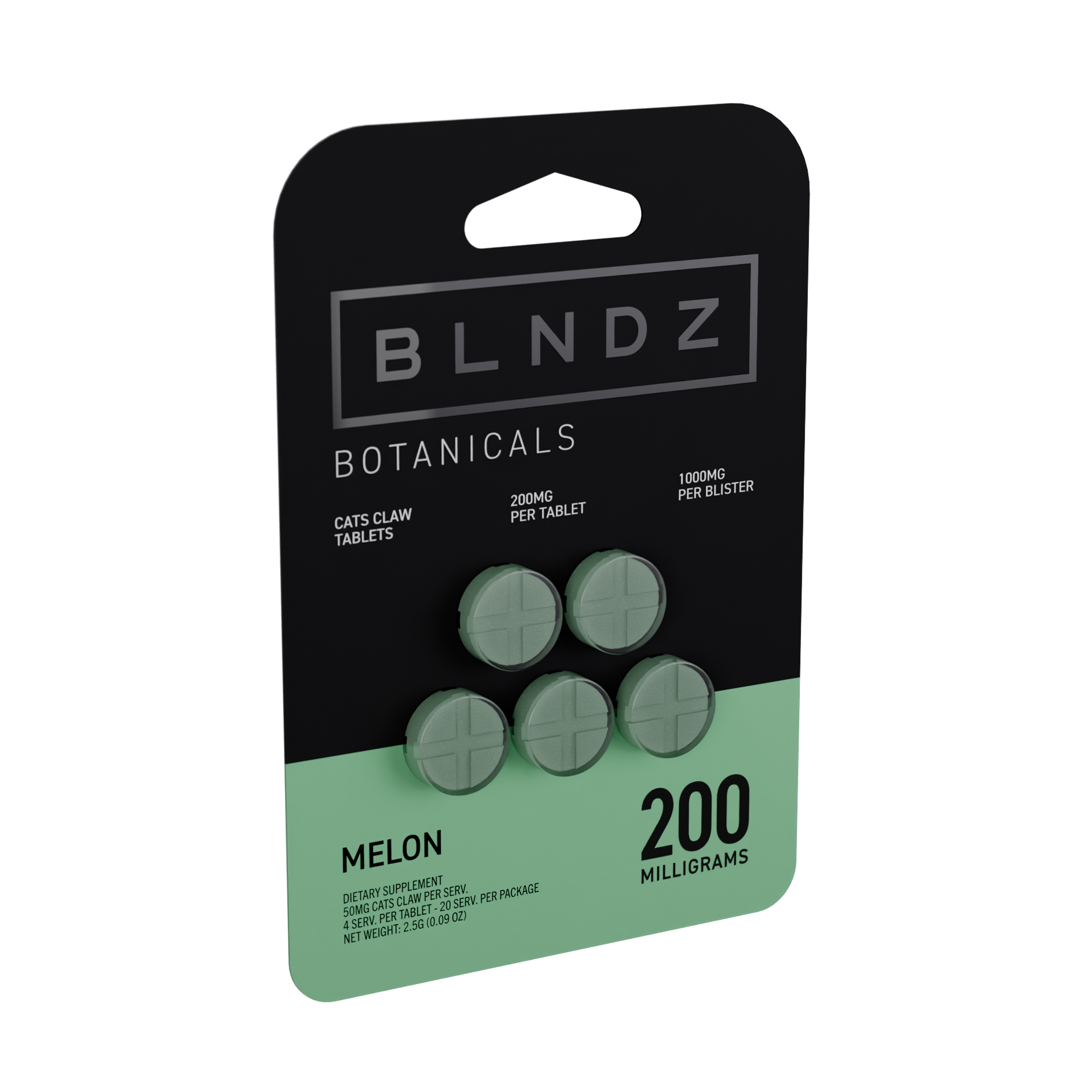 BLNDZ Botanicals 200MG Cats Claw Blister — Melon IDV 3-4 Angled Front View (Left)