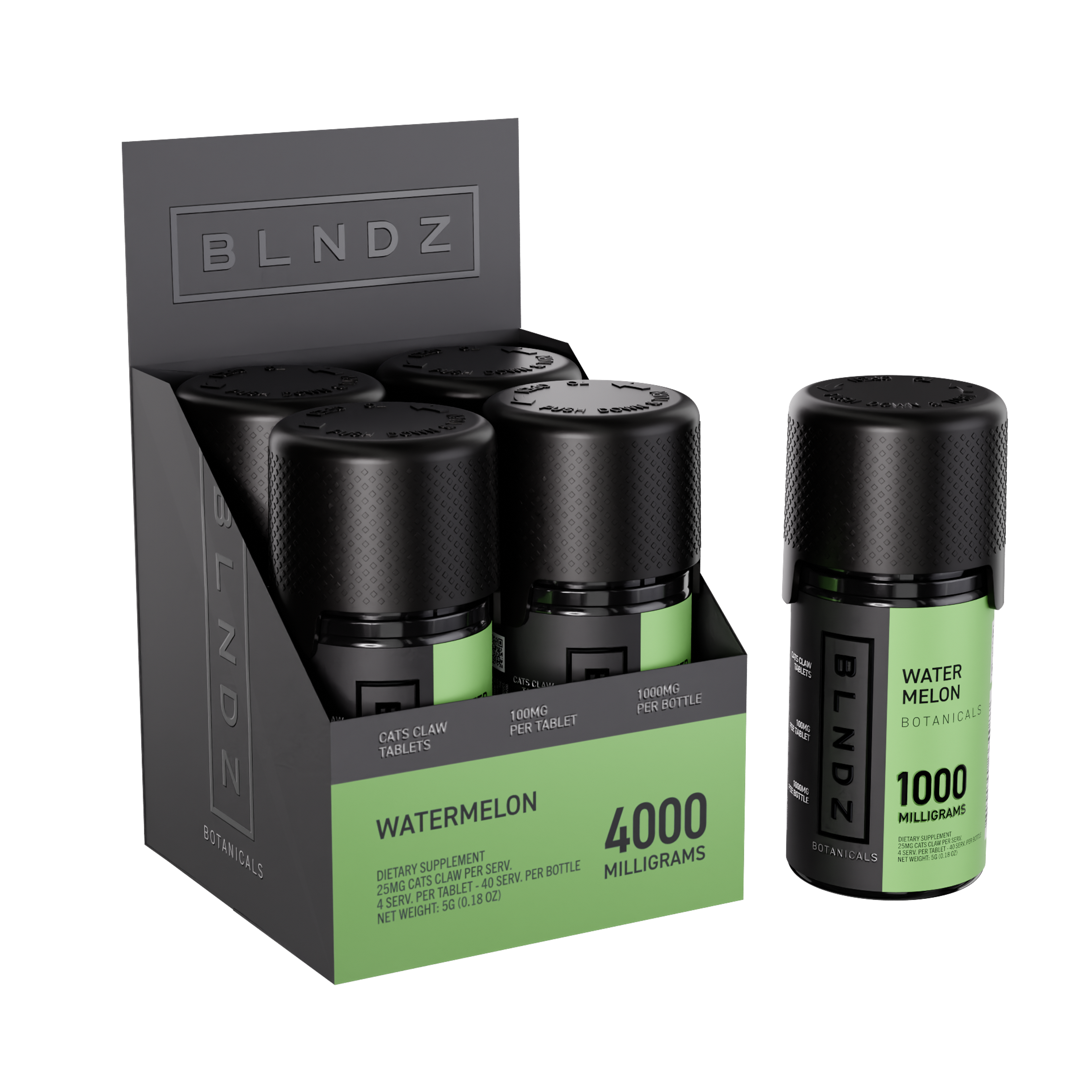 BLNDZ Botanicals 100MG Cats Claw Pill Bottle — Watermelon CDU-1 3-4 Angled Front View (Left)
