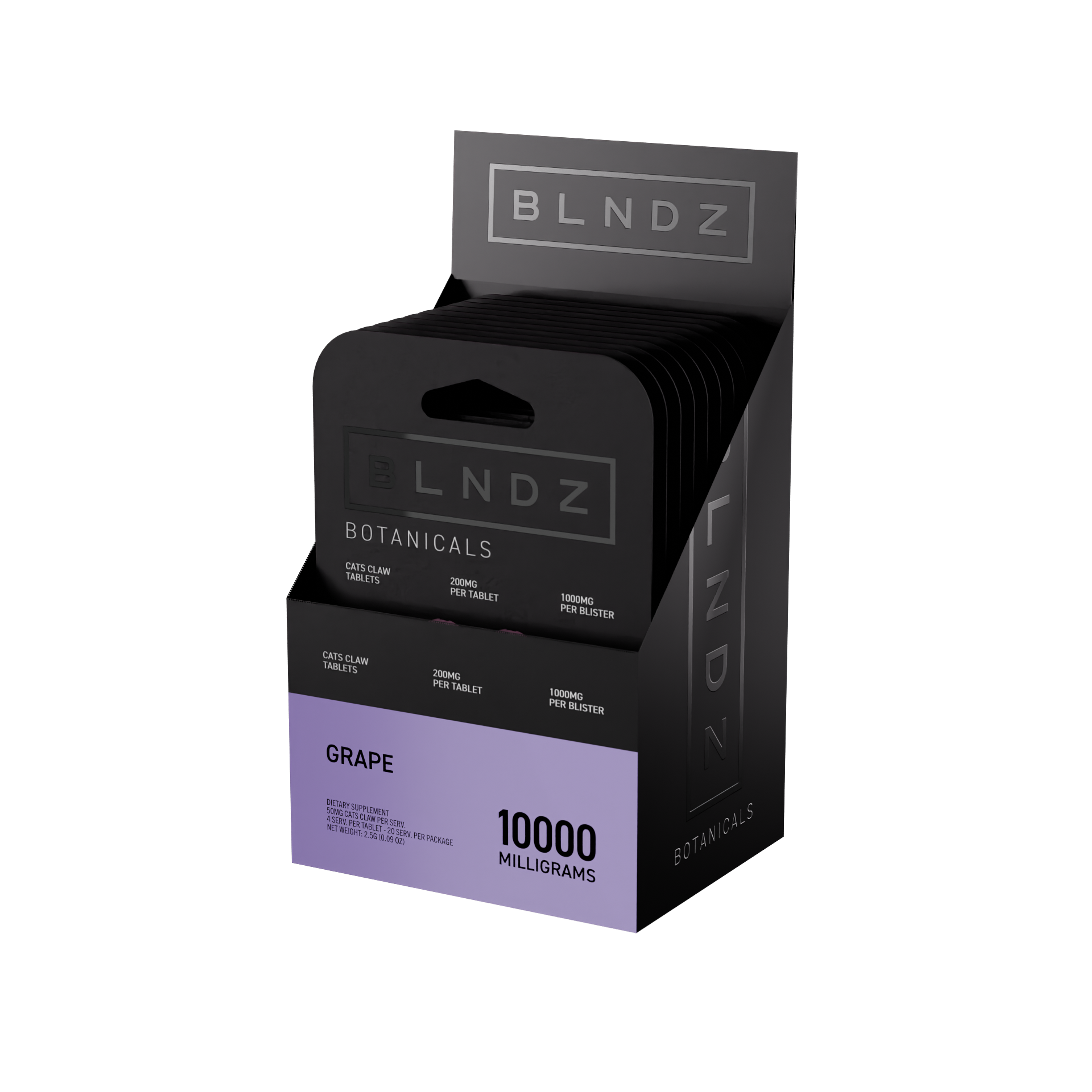 BLNDZ Botanicals 200MG Cats Claw Blister — Grape CDU-2 3-4 Angled Front View (Right)