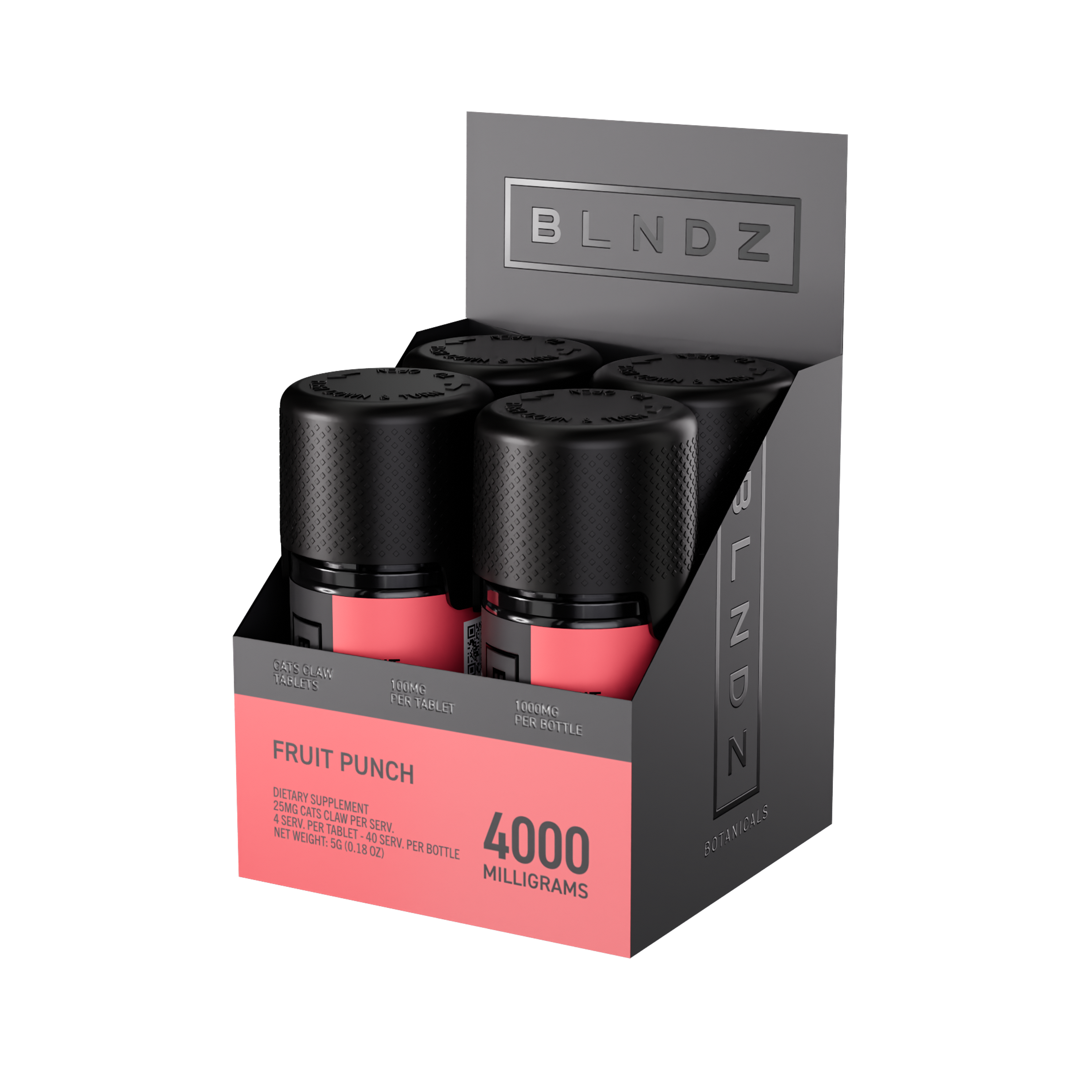 BLNDZ Botanicals 100MG Cats Claw Pill Bottle — Fruit Punch CDU-2 3-4 Angled Front View (Right)