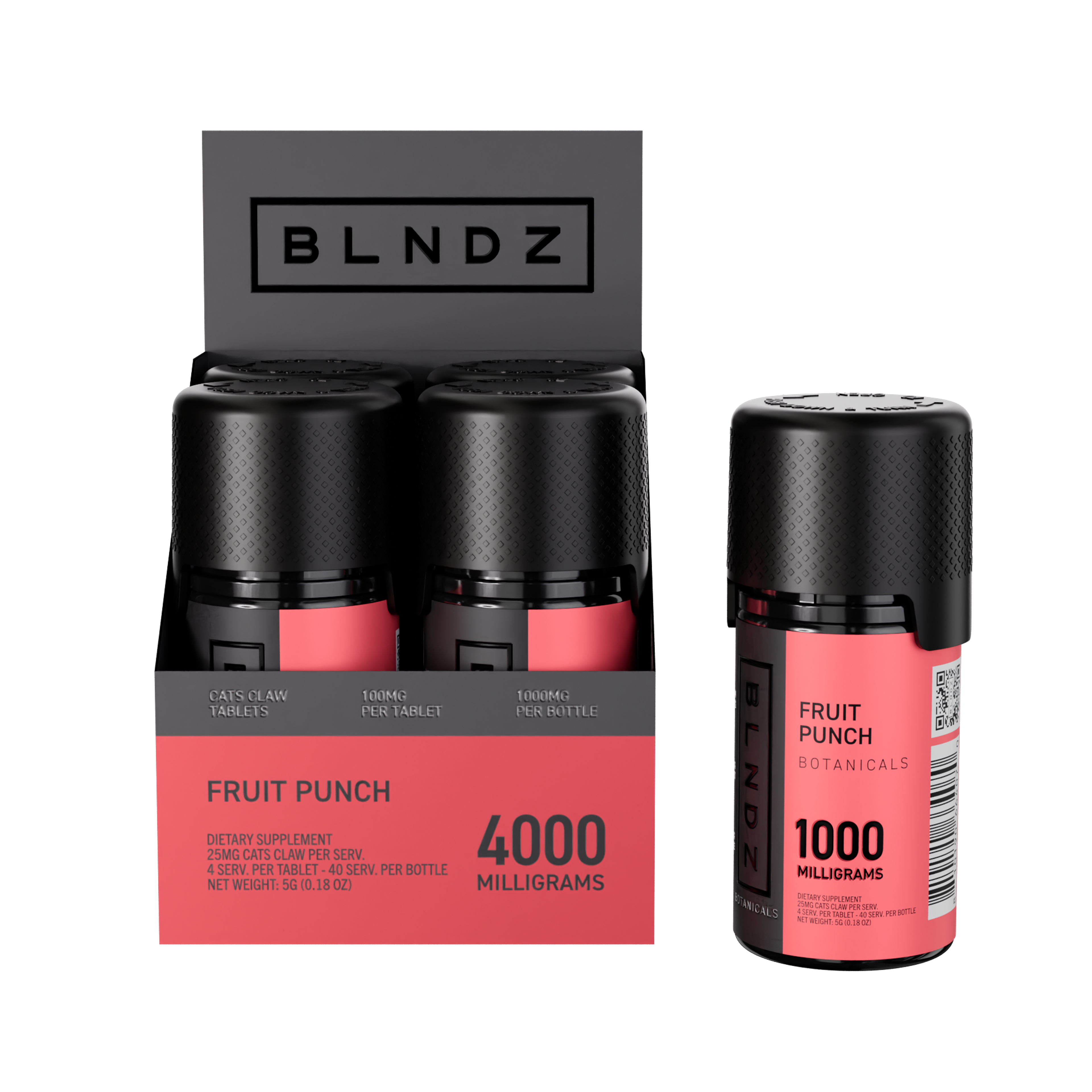 BLNDZ Botanicals 100MG Cats Claw Pill Bottle — Fruit Punch CDU-1 Front-Facing Shot