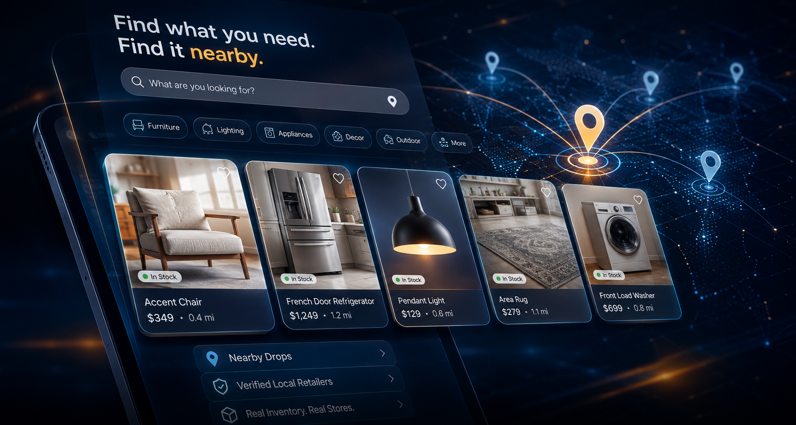 Digital local shopping interface displaying nearby in-stock furniture, appliances, lighting and home goods with product prices, distances and location markers.