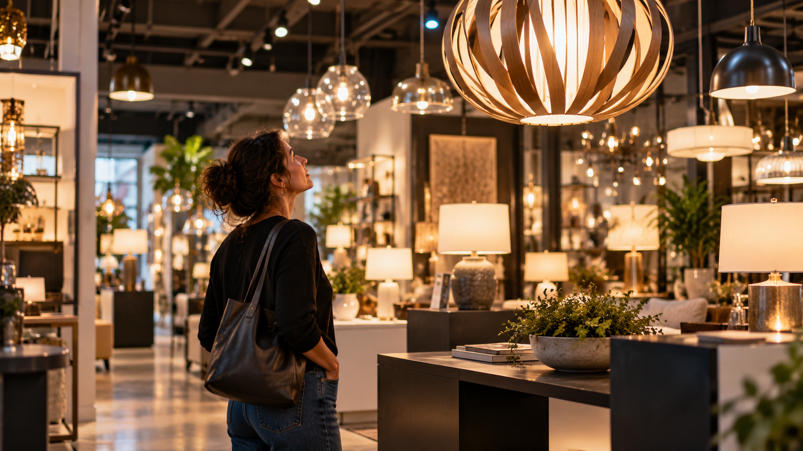 Shopper noticing a distinctive light fixture inside a local lighting showroom.