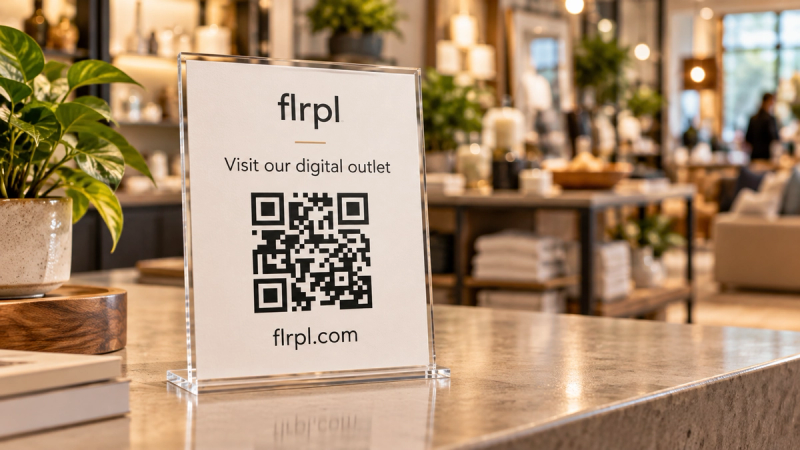 A countertop sign inviting shoppers to visit a retailer's FLRPL digital outlet using a QR code, displayed inside a local retail showroom.