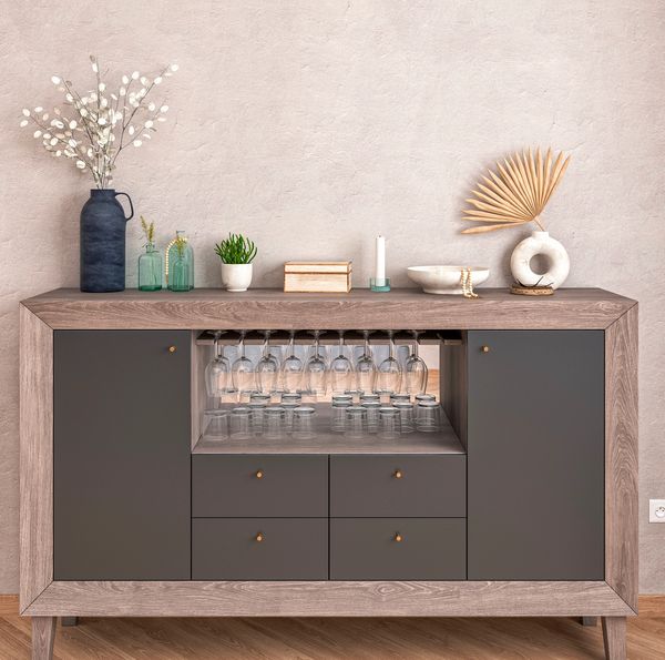 Floor model buffet and sideboard furniture styled for a dining room showroom display