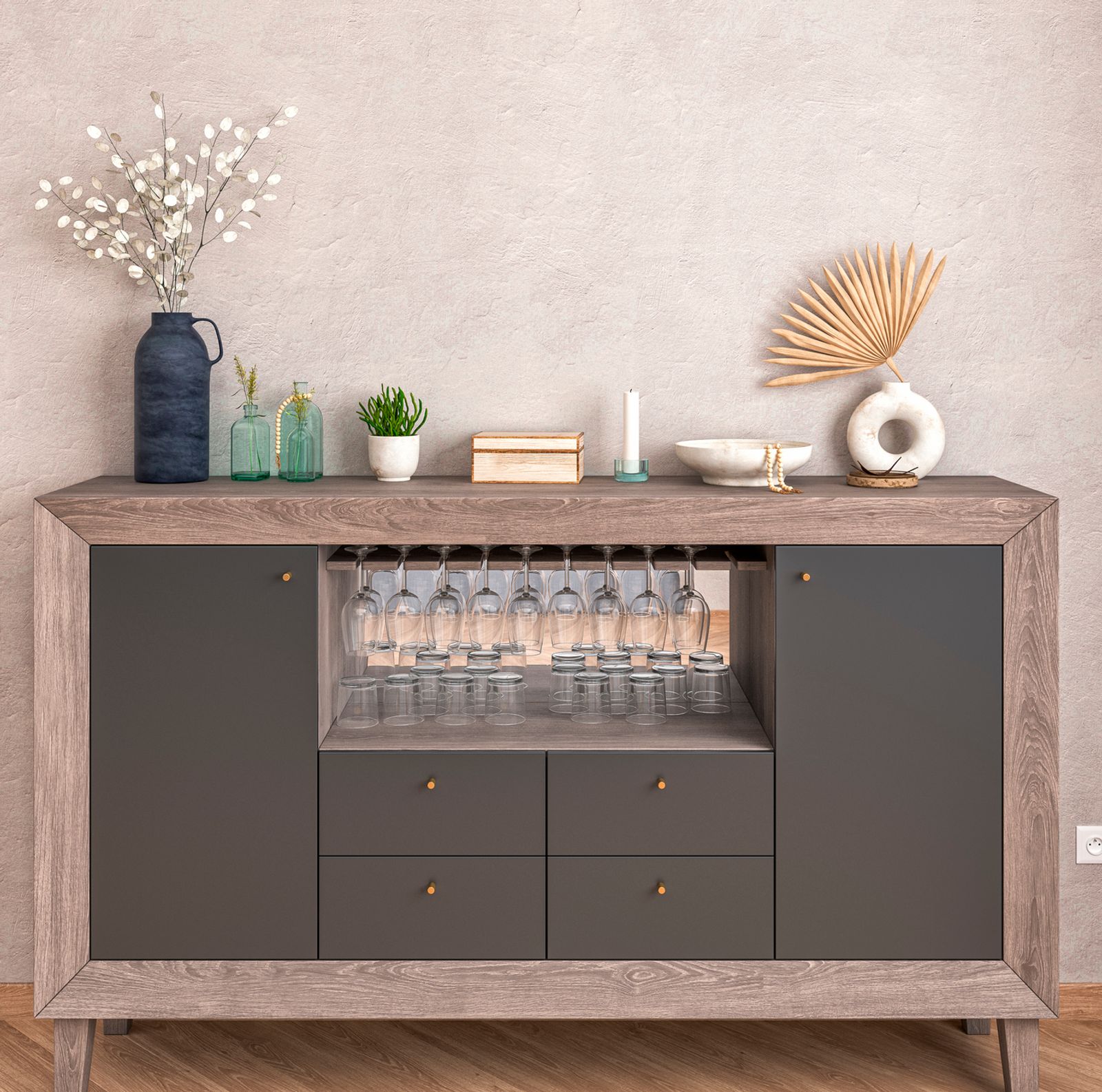 Floor model buffet and sideboard furniture styled for a dining room showroom display