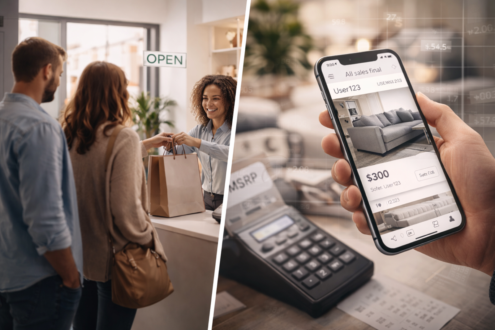 Split-screen image showing a verified local retail storefront interaction on one side and a smartphone displaying repriced furniture listings on the other, illustrating the difference between local retail repricing and anonymous marketplaces.