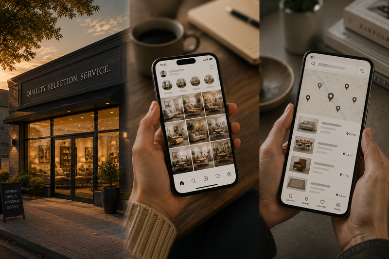 Editorial illustration showing an independent retail storefront, a social media feed, and a product discovery interface representing the three layers of modern retail visibility.