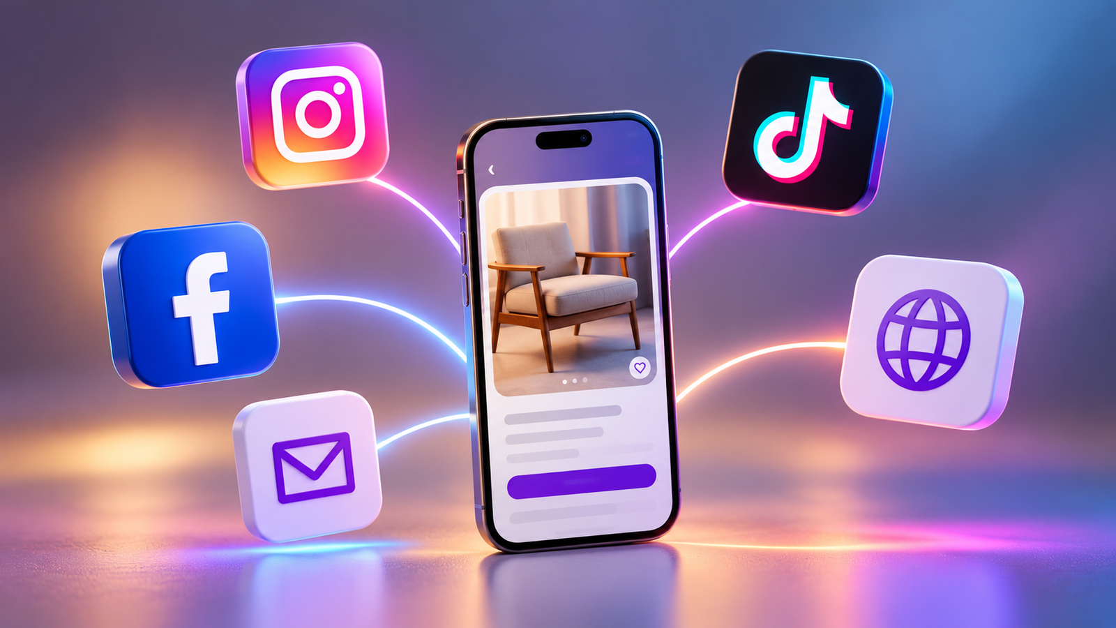 Smartphone displaying a retail product listing, surrounded by Facebook, Instagram, TikTok, website, and email icons representing different digital marketing channels.