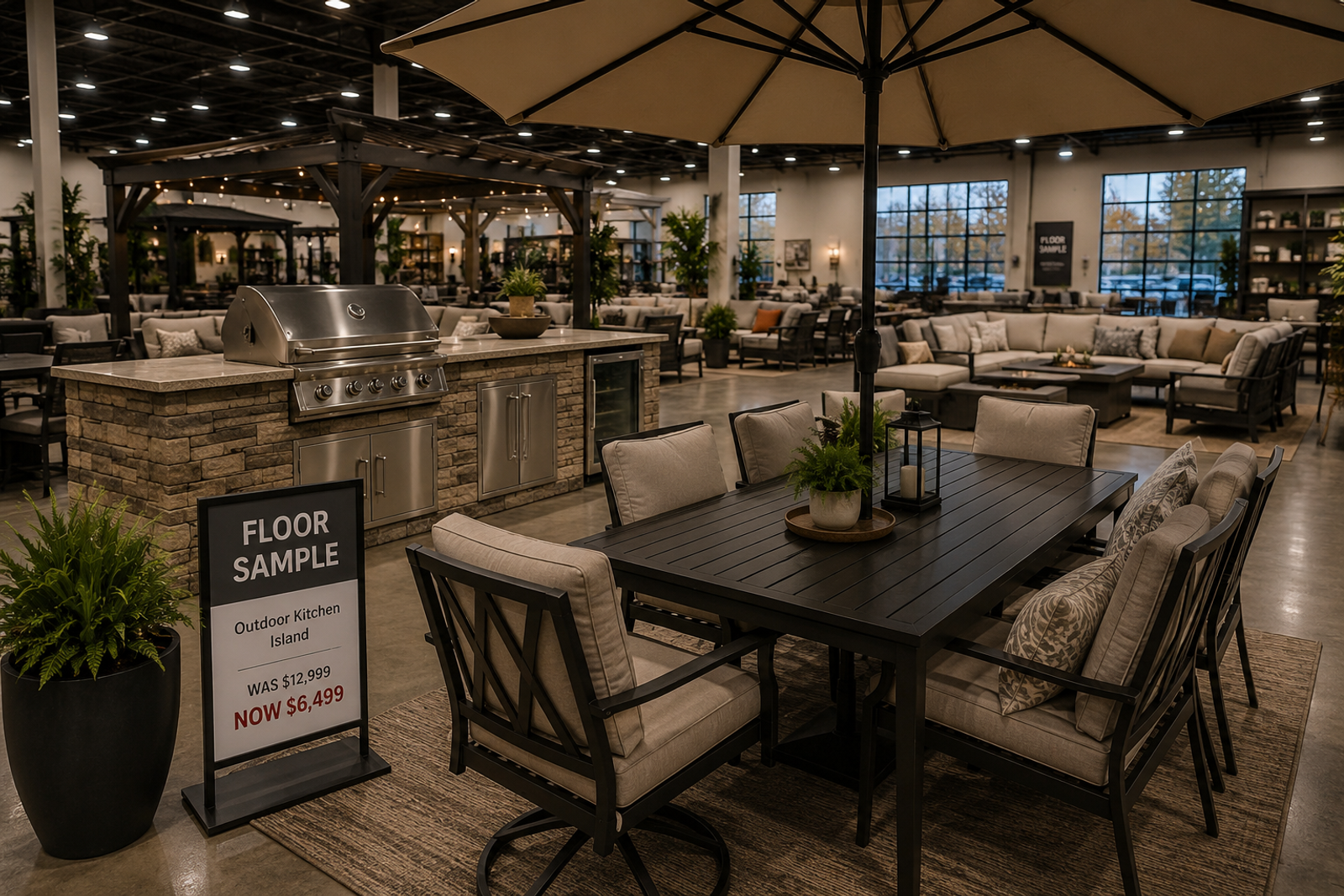 Luxury outdoor furniture showroom with a discounted floor sample outdoor kitchen island, patio dining setup, pergolas, and late-season display inventory.