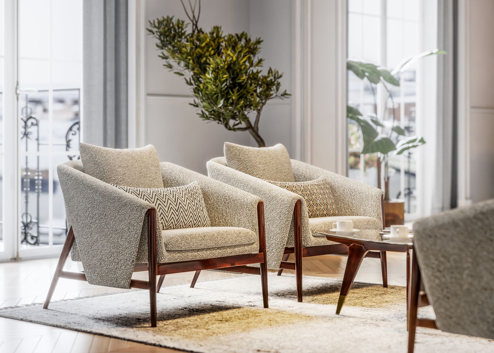 Floor model accent chairs and seating arranged in a modern living room setting