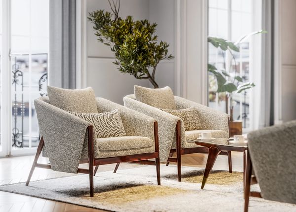 Floor model accent chairs and seating arranged in a modern living room setting