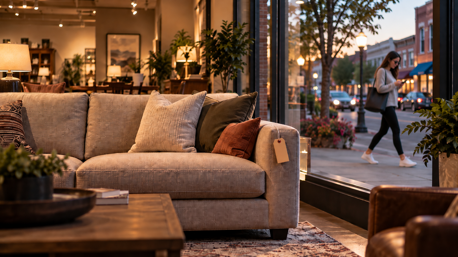 Floor-sample sofa displayed inside a local furniture showroom as a nearby shopper walks past while looking at her phone.