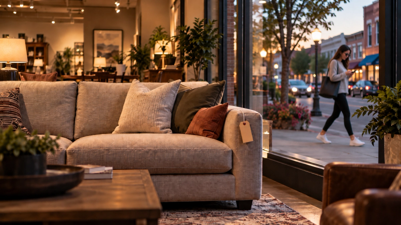 Floor-sample sofa displayed inside a local furniture showroom as a nearby shopper walks past while looking at her phone.