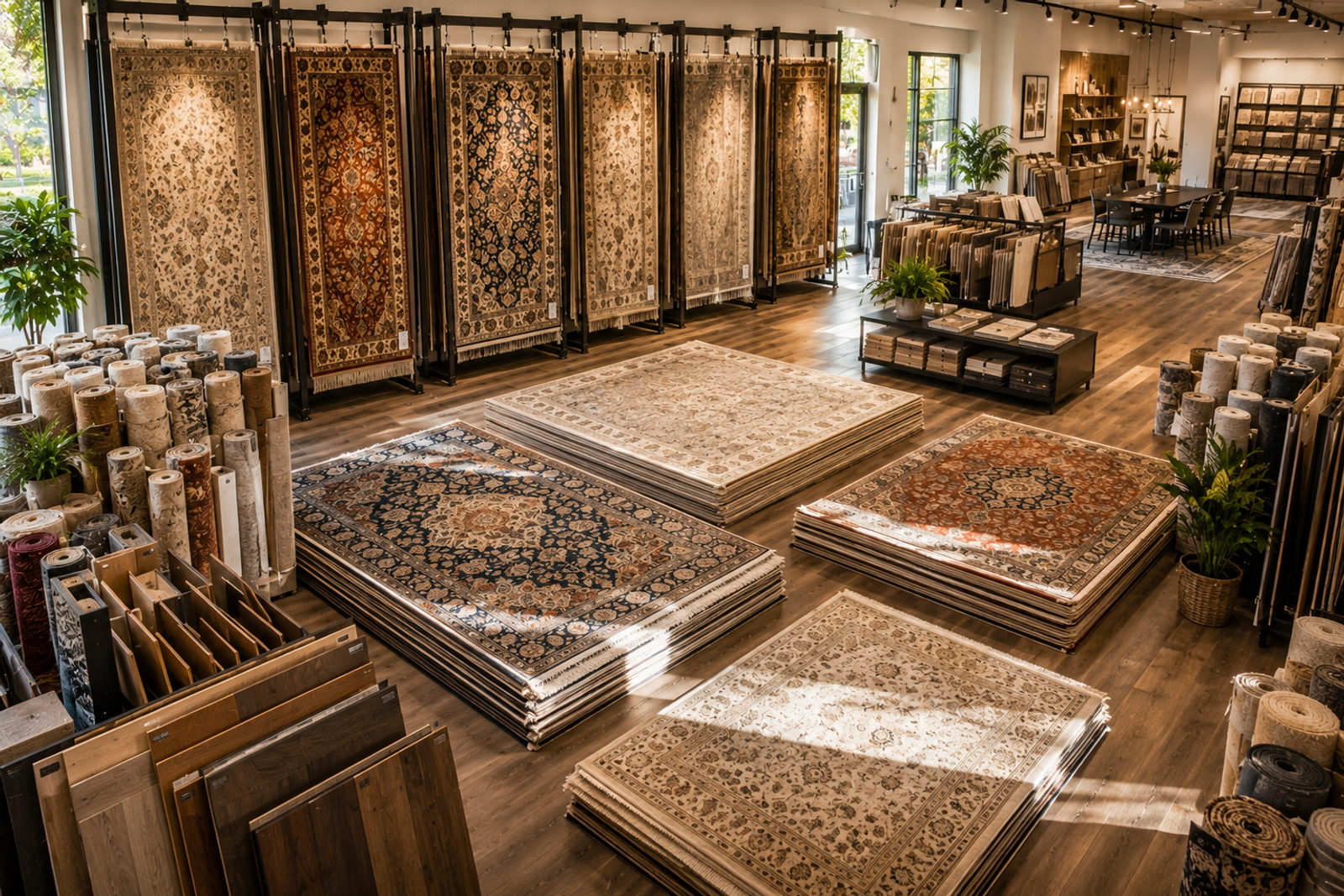 Overhead view of an independent flooring showroom displaying area rugs, hanging rug samples, flooring swatches, and showroom inventory awaiting discovery by local shoppers.