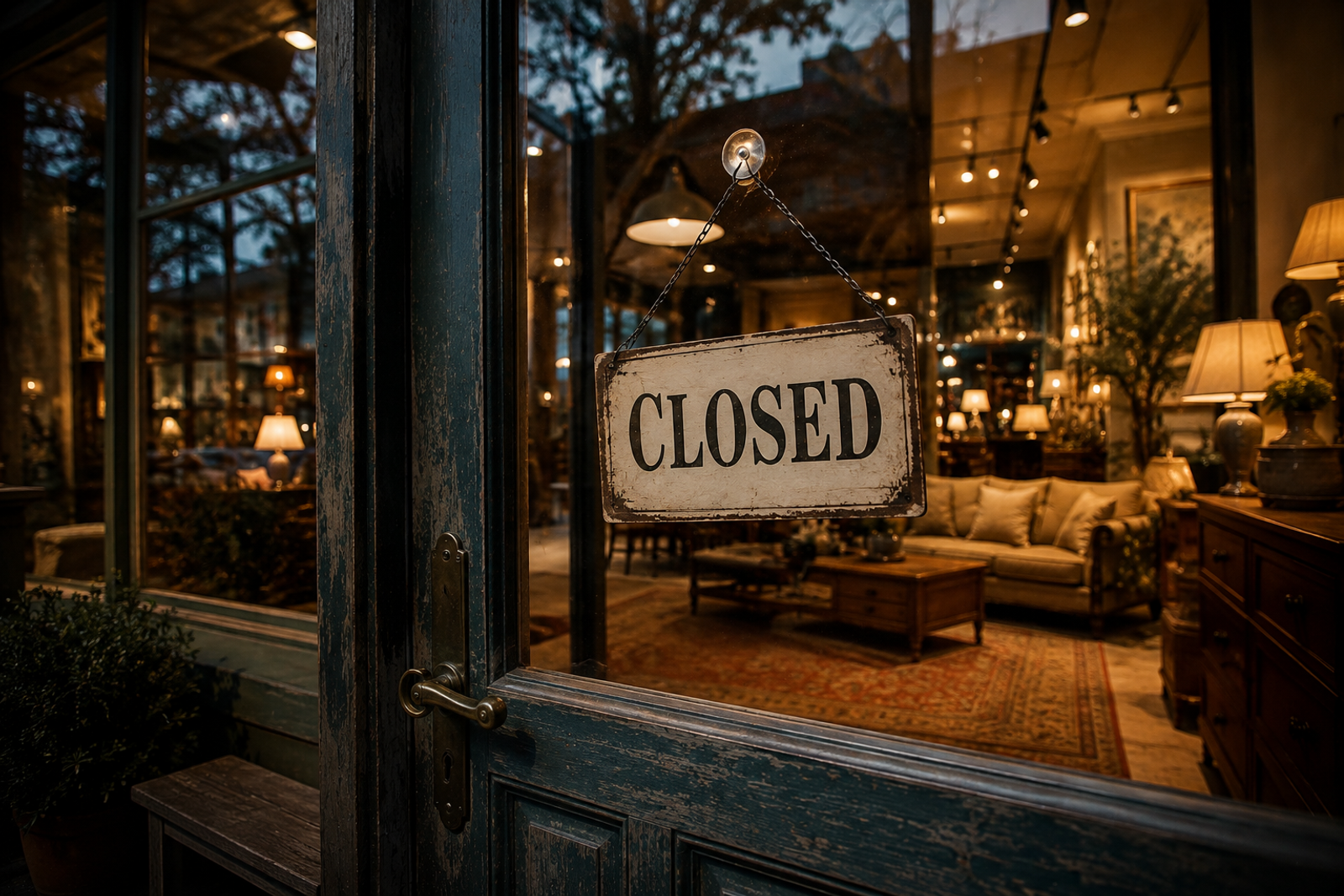 Closed sign hanging on the door of a warmly lit furniture showroom with merchandise visible inside after hours.