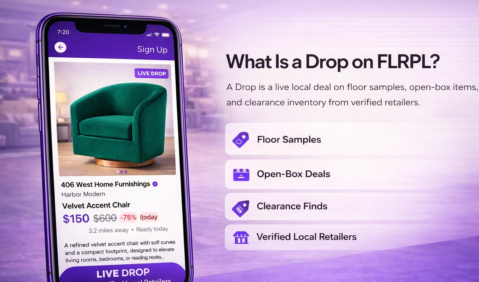 A smartphone displaying a FLRPL product listing in front of a local showroom interior, with a subtle purple price tag overlay.