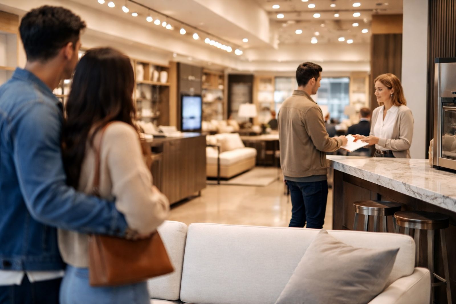 Couple hesitating in a showroom as another buyer completes a purchase at the counter in the background