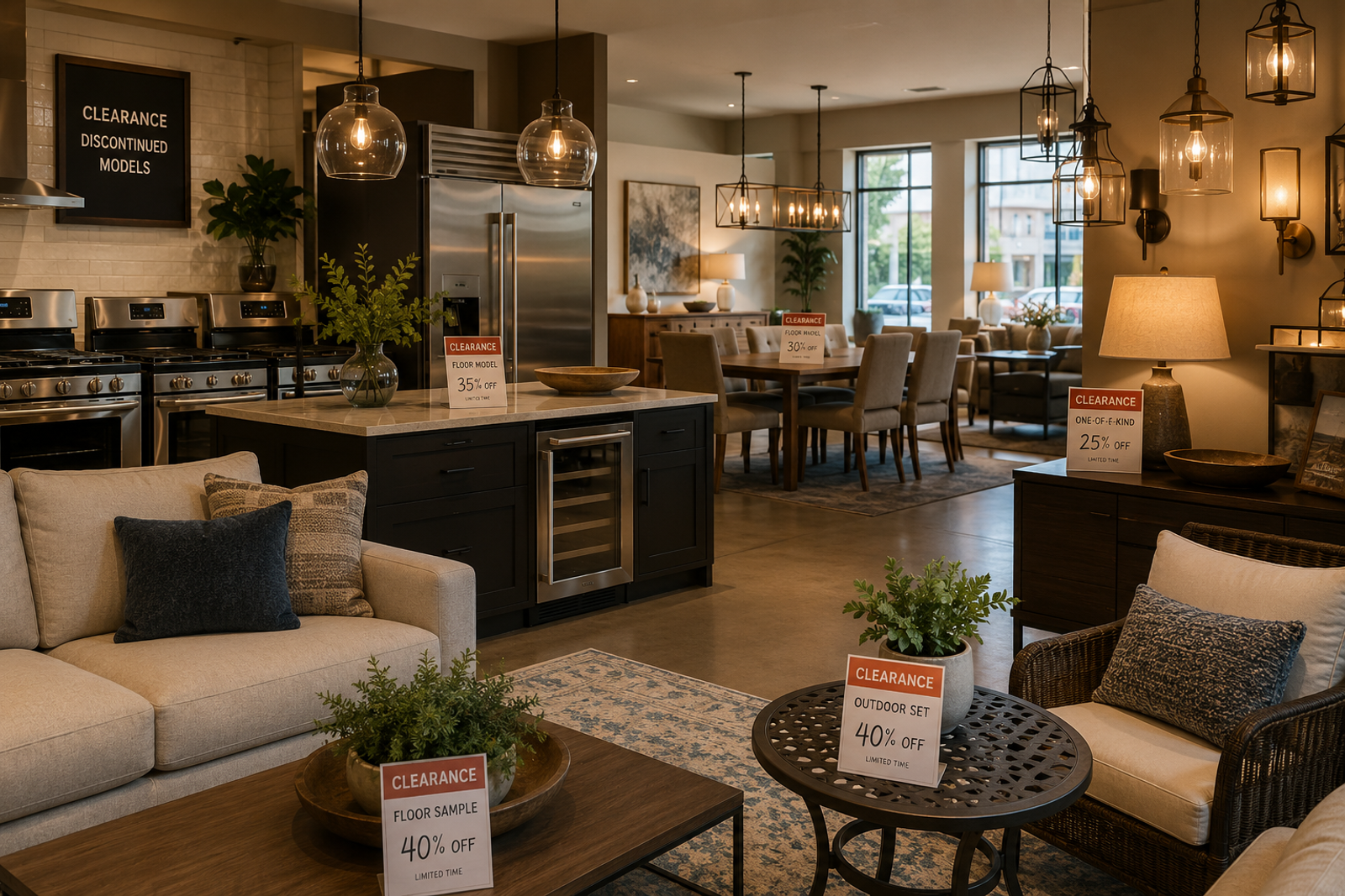 Multi-category retail showroom featuring furniture, appliances, lighting, and clearance floor samples available for immediate purchase.