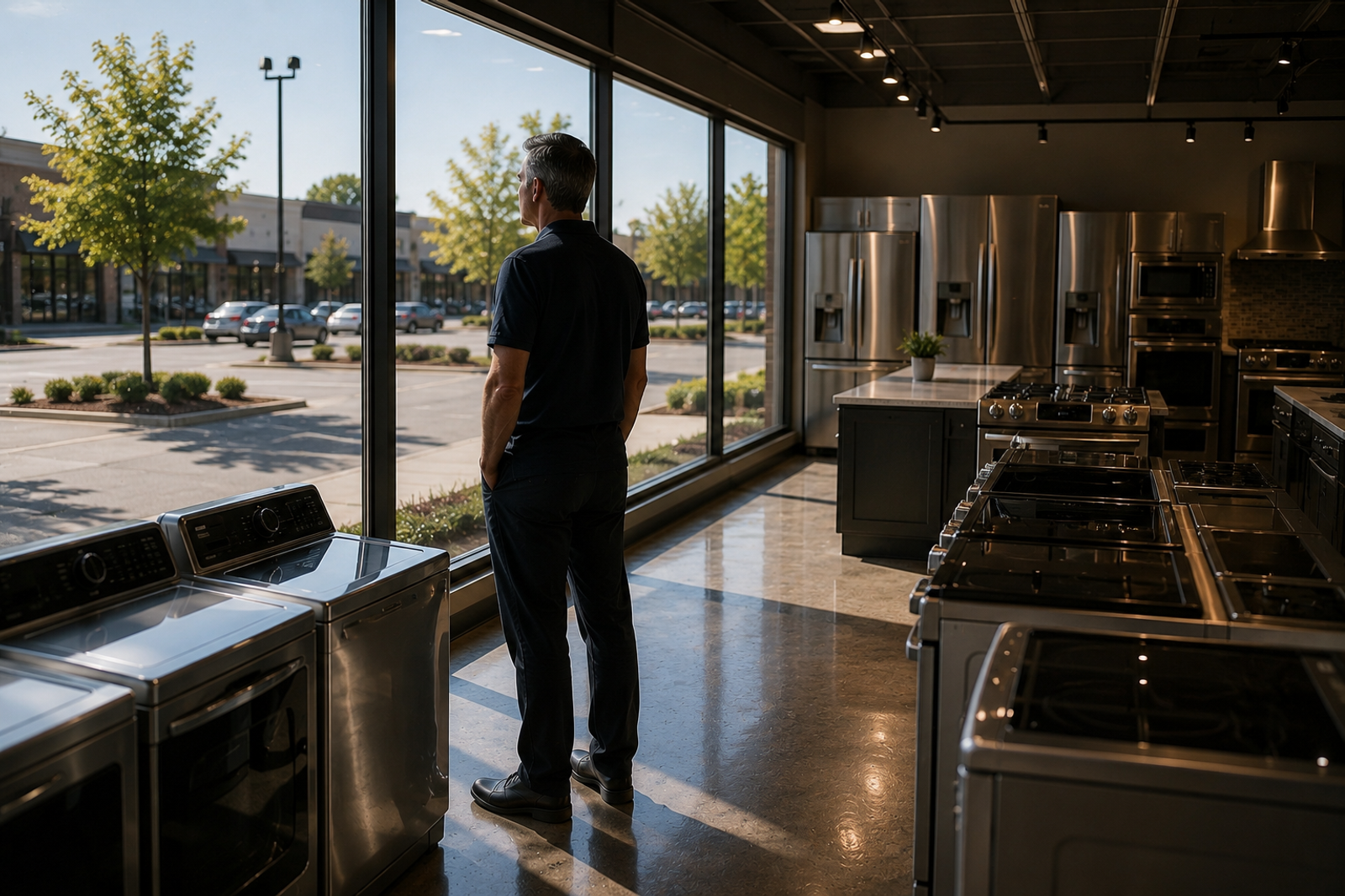 Independent appliance retailer standing inside a modern showroom, looking out the storefront window while premium appliances are displayed on the sales floor.