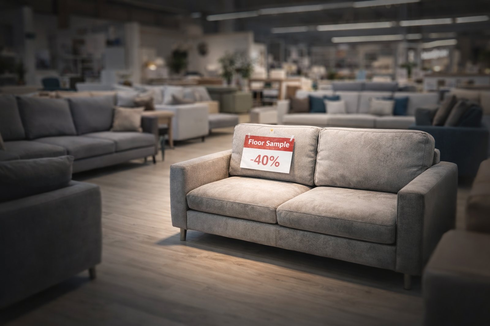Floor sample sofa in a retail showroom marked down for clearance, illustrating how to spot real deals quickly in-store