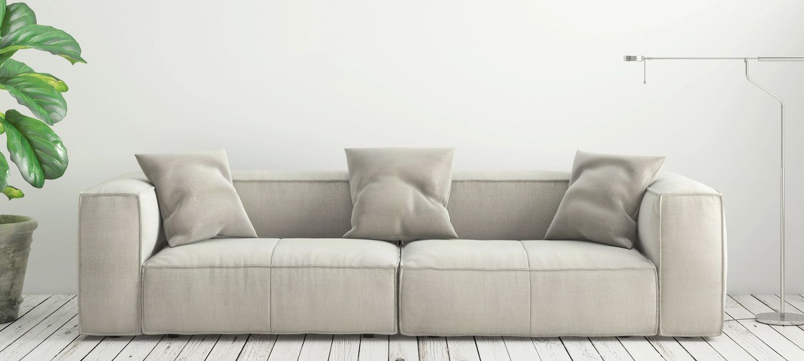 Neutral-toned floor model sofa displayed in a contemporary living room