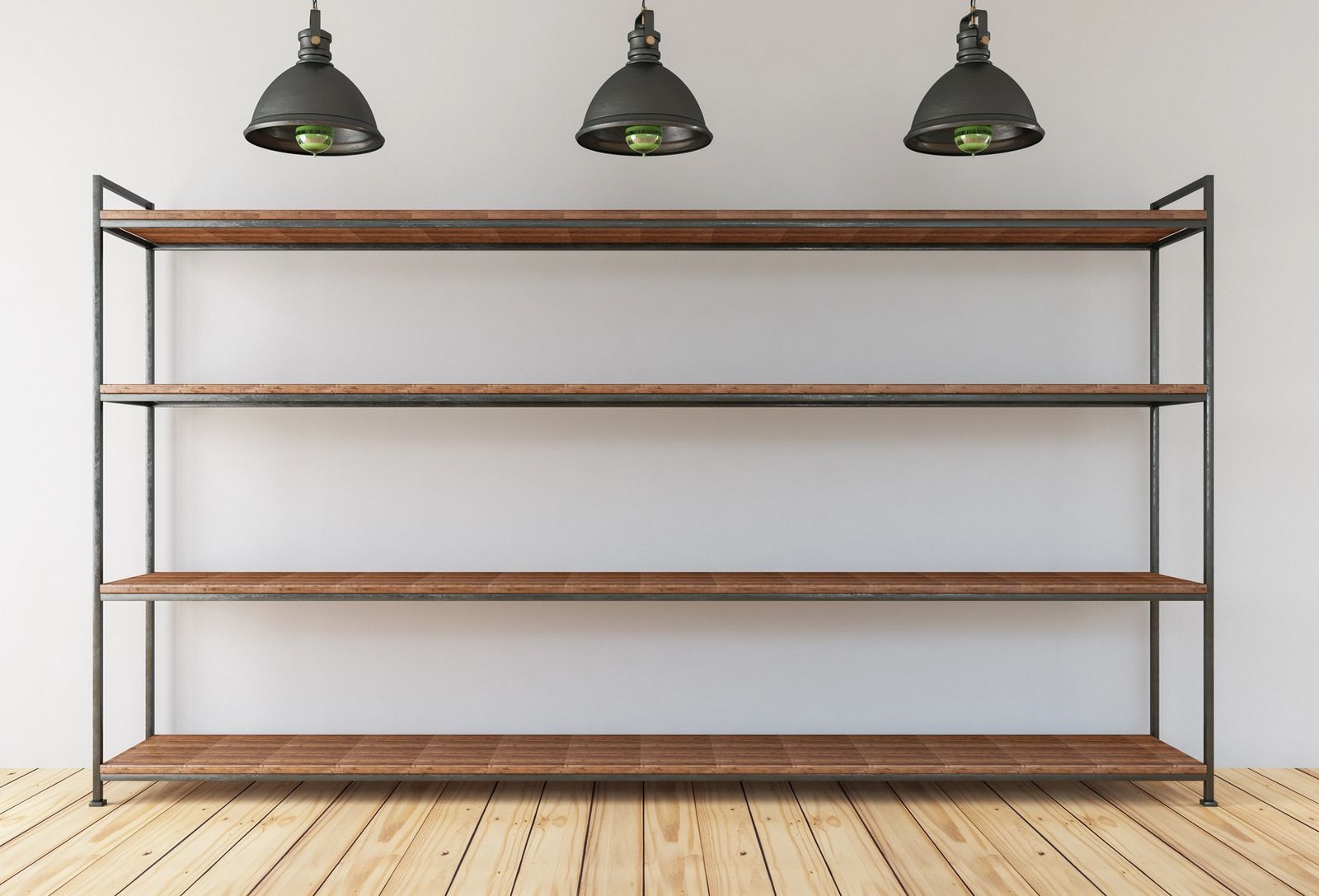 Open shelving and storage furniture displayed as a floor model in a living room