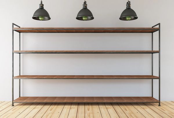 Open shelving and storage furniture displayed as a floor model in a living room