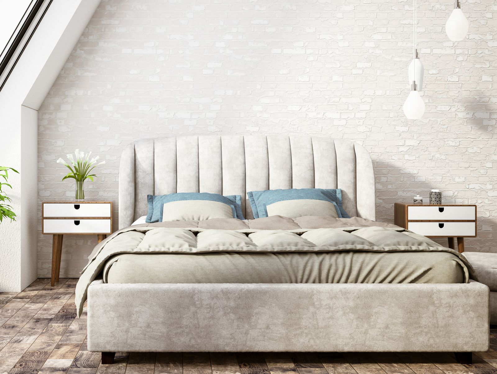 Floor model bedroom furniture display featuring upholstered bed, nightstands, and modern bedroom styling