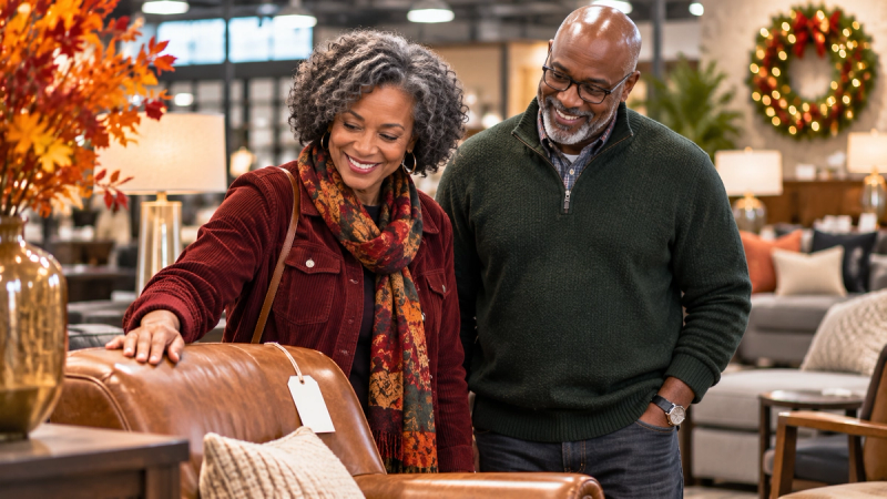 Couple shopping at a local furniture showroom, examining a leather chair with a price tag during the holiday shopping season.