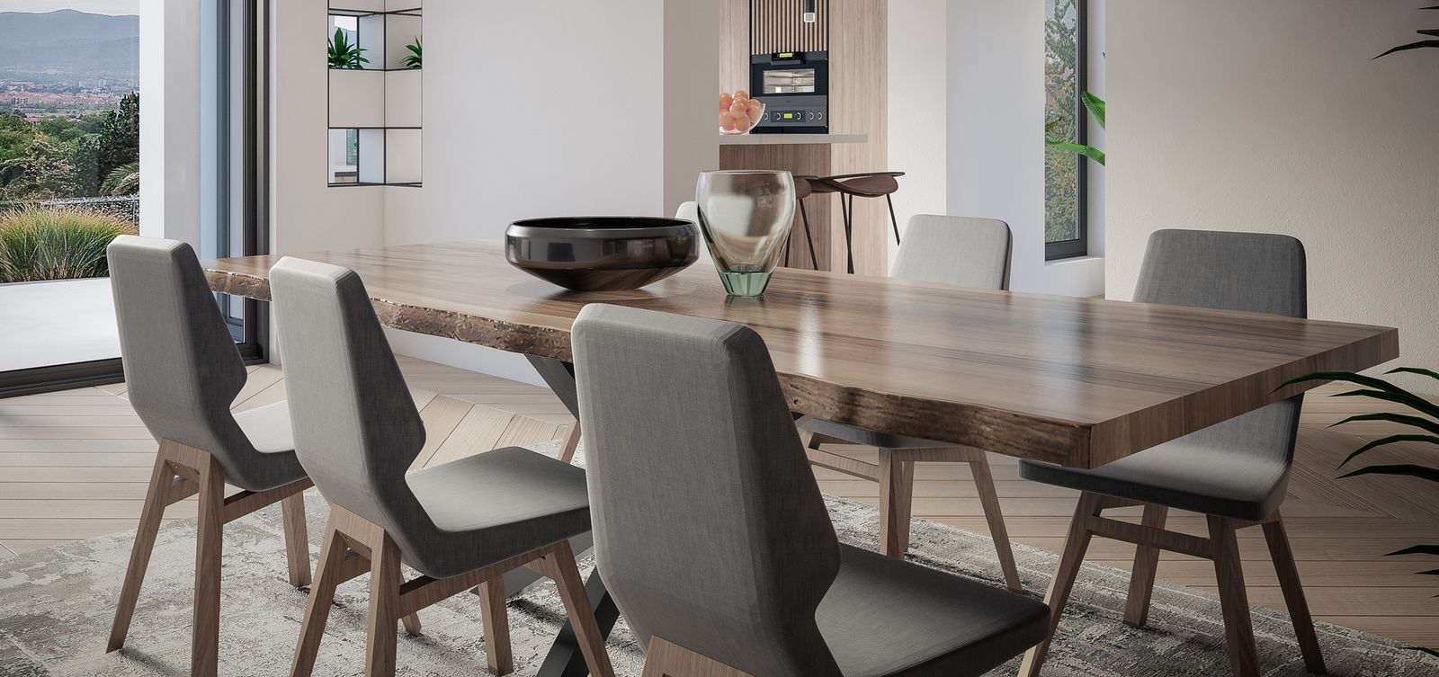 Floor model dining table with upholstered chairs displayed in a modern showroom