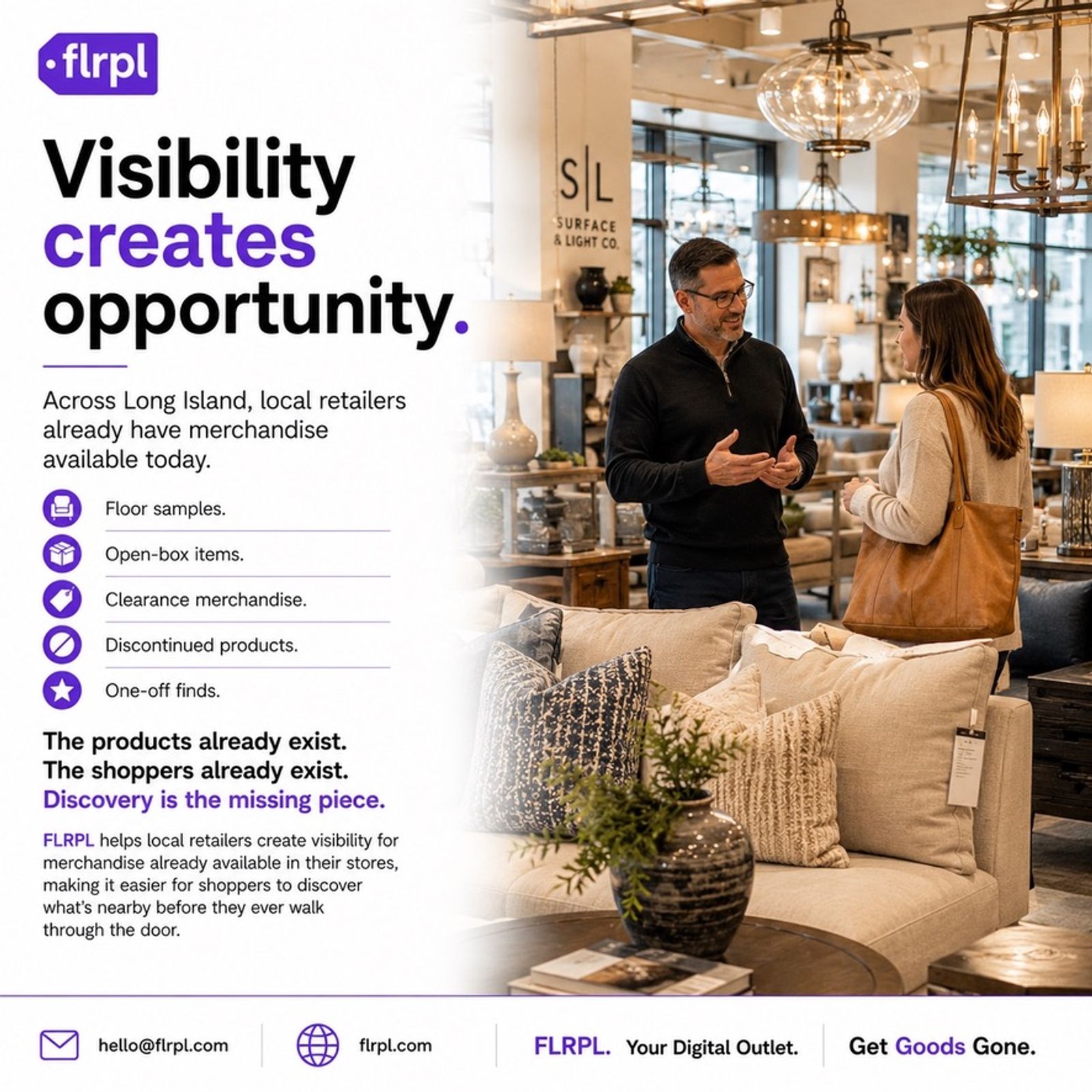 Retail associate speaking with a shopper inside a local furniture and lighting showroom, illustrating how FLRPL helps create visibility and discovery for merchandise already available in local stores.