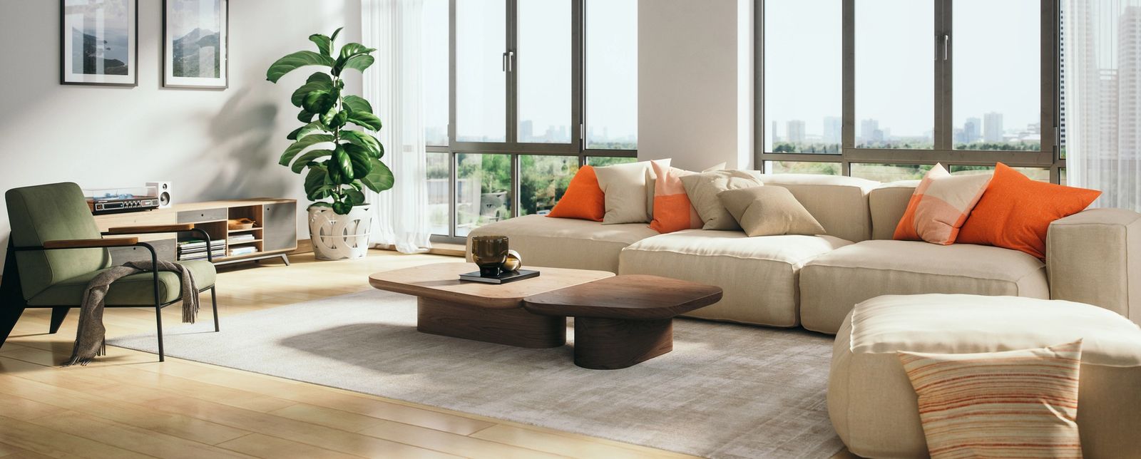 Modern living room with sectional sofa and floor model furniture in a bright, open space
