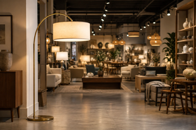 A distinctive floor lamp displayed prominently inside a home furnishings showroom, with furniture, décor and additional merchandise visible beyond it, illustrating how discovering one product can introduce a shopper to an entire local retailer.