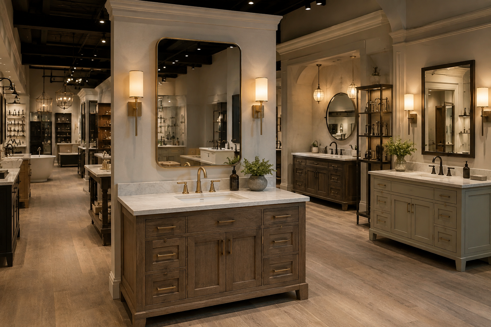 An upscale independent bath showroom featuring vanities, sinks, faucets, mirrors, lighting, and display inventory, illustrating how a retailer’s existing products can become part of how the store gets discovered.