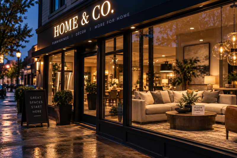 Local furniture storefront at dusk with a floor-sample sofa visible through the showroom window.