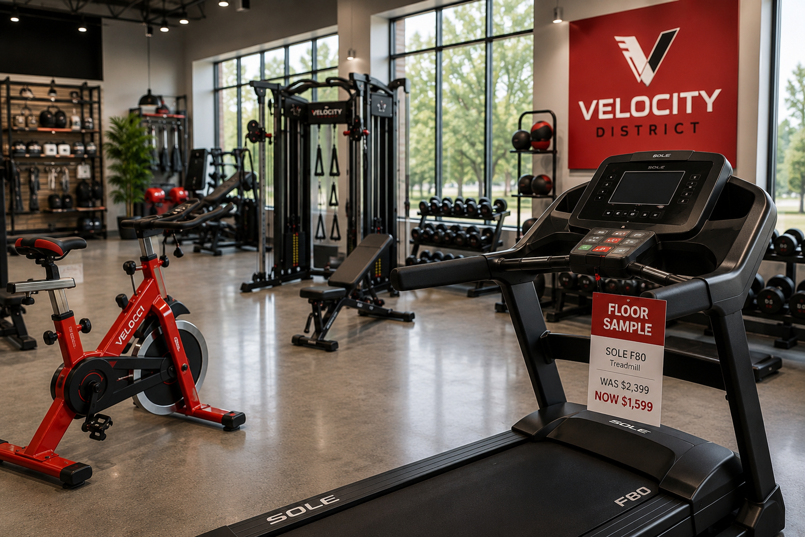 Floor sample treadmill and fitness equipment displayed inside a modern showroom, including spin bikes, strength machines, and local retail branding highlighting discounted home gym inventory.