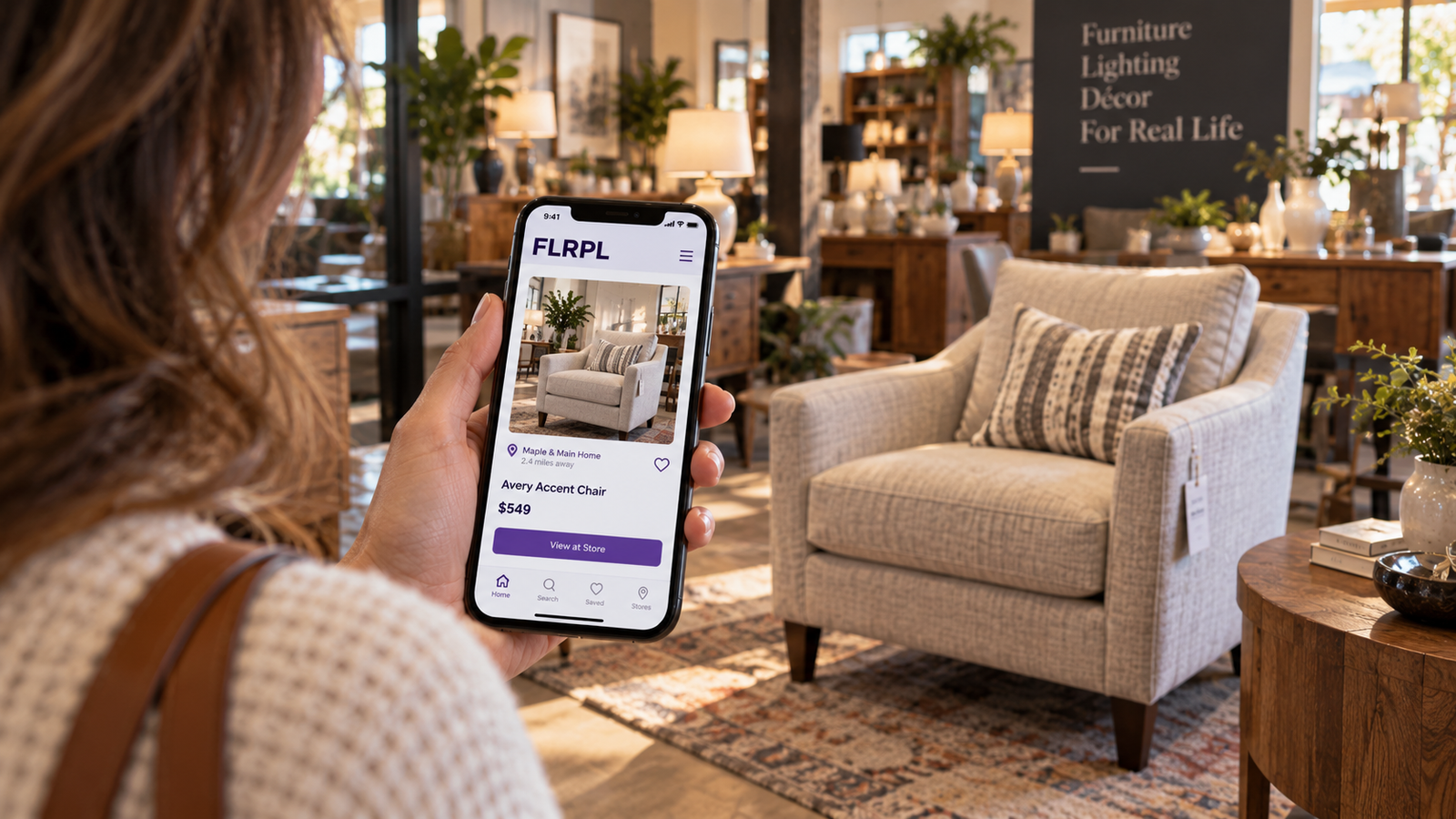 Shopper using FLRPL to discover an accent chair available inside a local retail showroom.