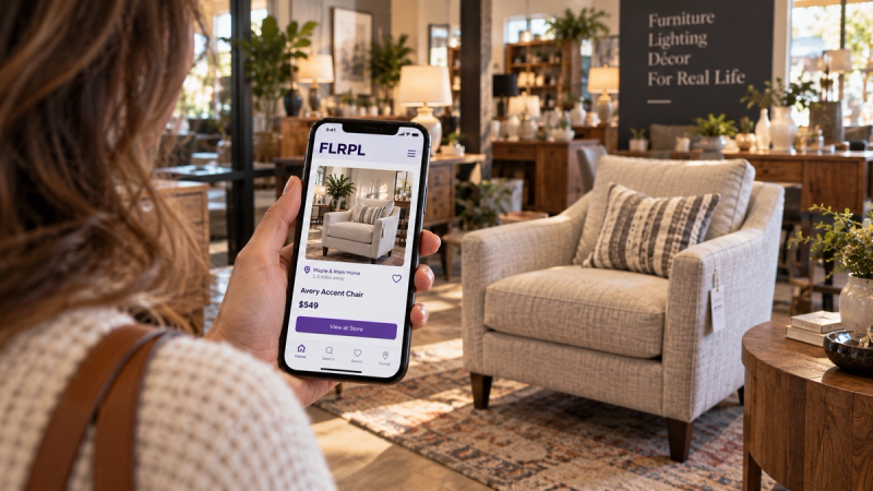 Shopper using FLRPL to discover an accent chair available inside a local retail showroom.