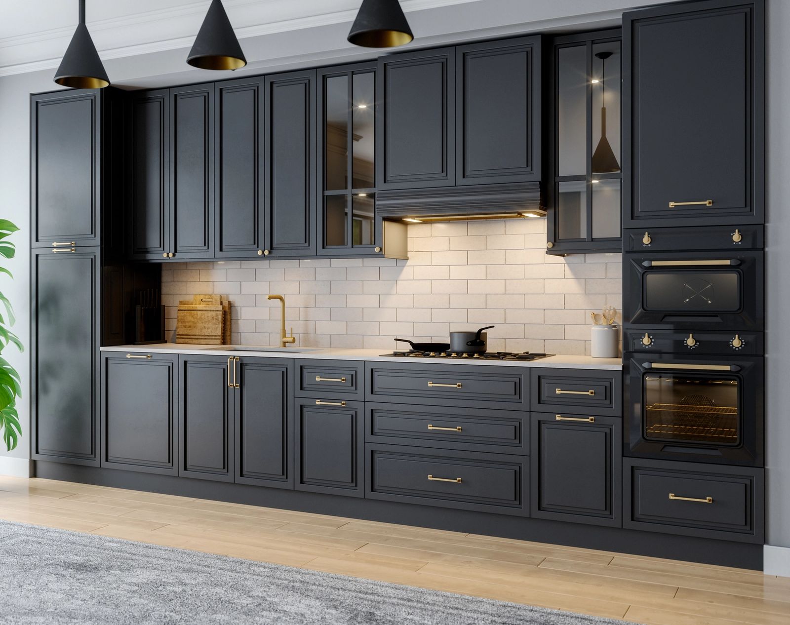 Modern kitchen with dark cabinetry, brass hardware, and built-in appliances, featuring premium floor model kitchen cabinets from verified retailers.