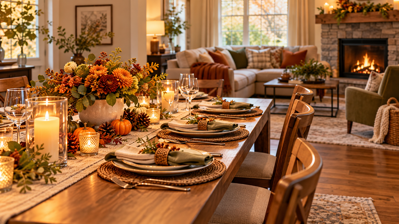 Holiday-ready dining table with autumn flowers, candles, and place settings beside a cozy living room with a fireplace.