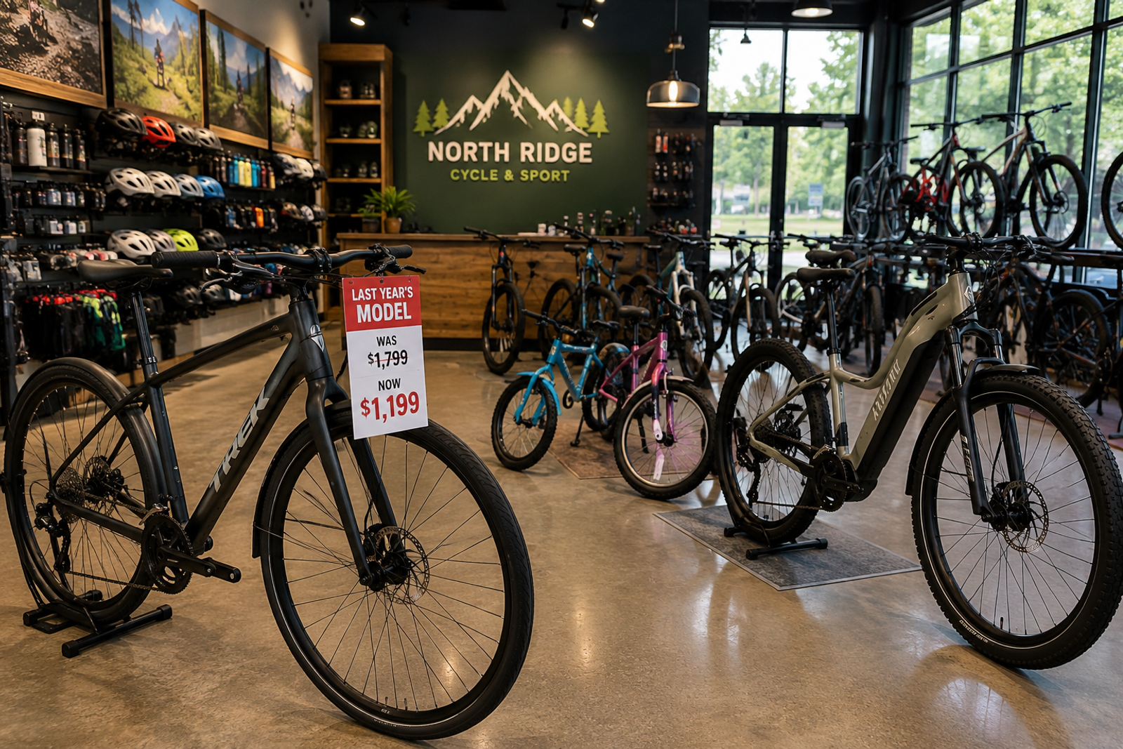 A bicycle showroom featuring adult bikes, kids’ bikes, and e-bikes, with a discounted previous-year model displayed near the front of the store.