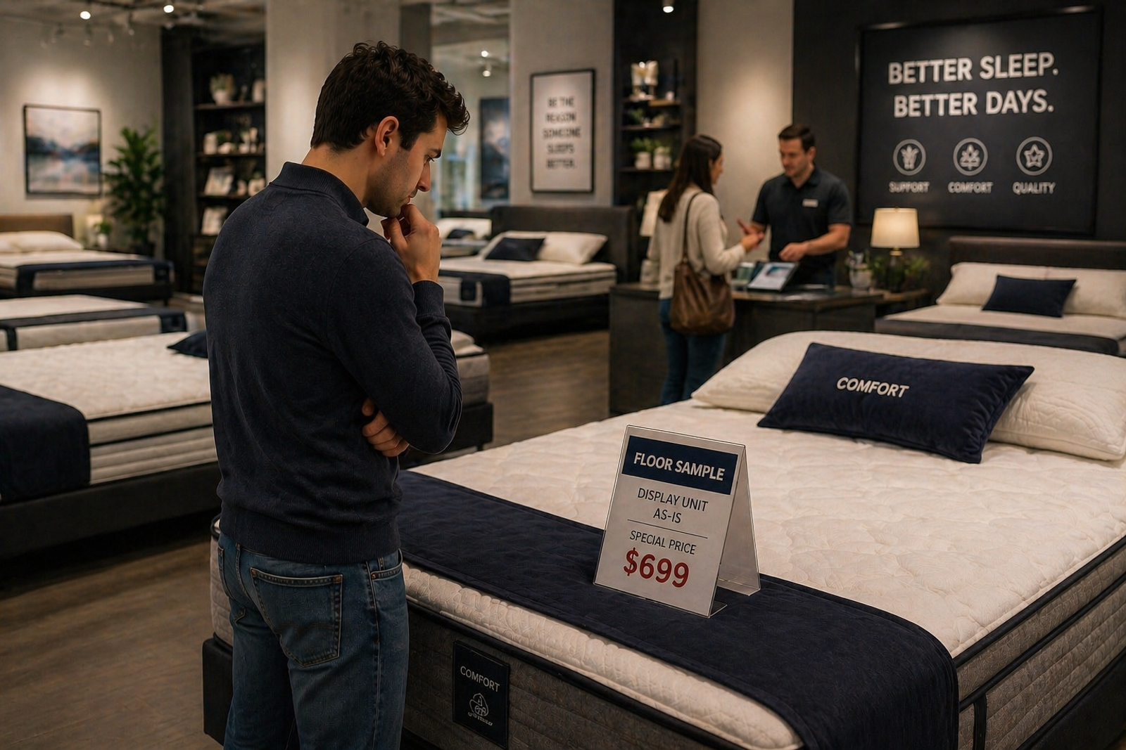 Shopper evaluating a discounted floor sample mattress in a retail showroom while another customer completes a purchase in the background