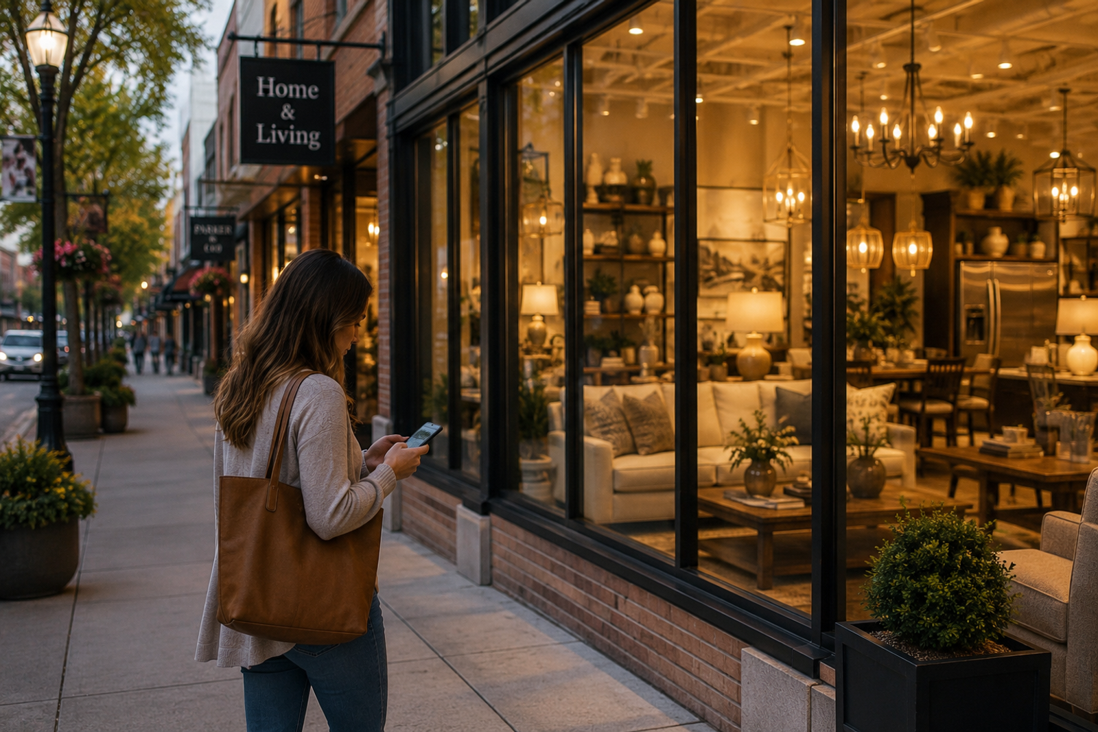 A shopper searches on a smartphone outside a local retail showroom displaying furniture, lighting, and home goods, representing the gap between online search results and nearby inventory available in local stores.
