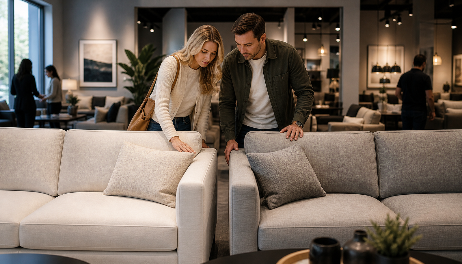 Couple comparing two sofas in a modern showroom, evaluating differences in condition and style before making a purchase decision