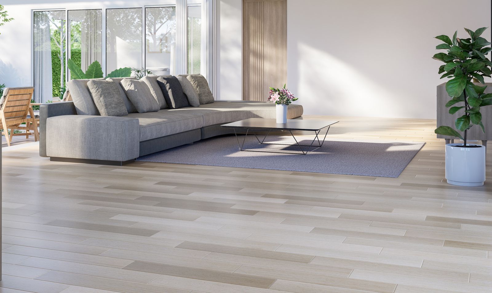 Modern living room featuring expansive windows and premium hardwood flooring in a bright, contemporary home.