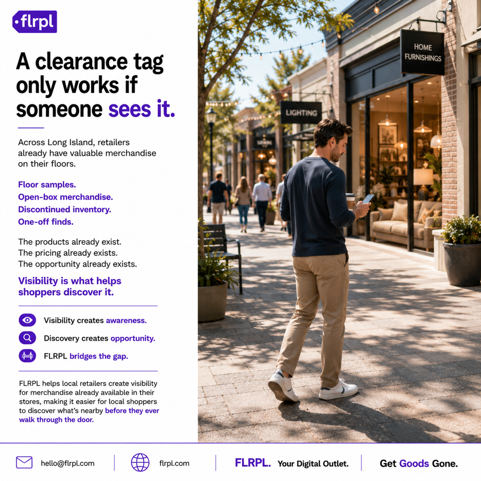 Shopper using a smartphone while walking through a local retail district, illustrating how discovery begins before a store visit and why visibility matters for merchandise already available nearby.